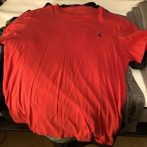 Red t-shirt with navy blue polo logo